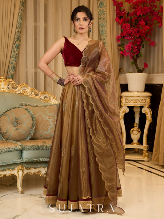 Regal ensemble gold tissue lehenga with intricate embroidery and a stunning velvet blouse  - Dupatta Optional