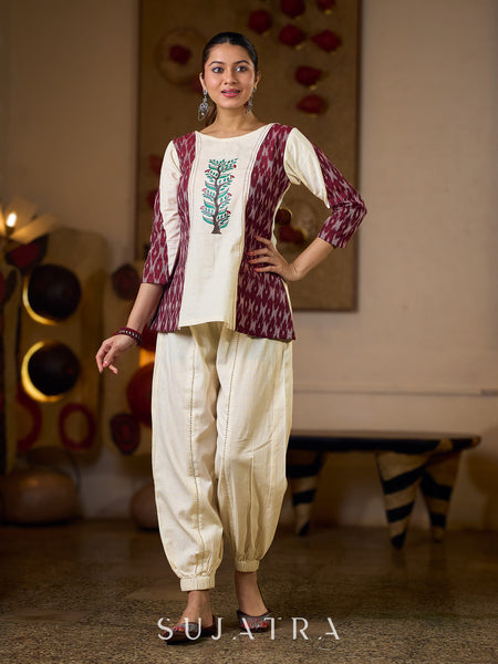 Ivory Cotton Flex Top with Maroon Ikat Panels and Hand Painted Gond Motif
