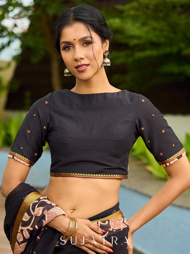 Vibrant Black Georgette Saree with Golden Zari Border & Kalamkari Floral Print Pallu & Border