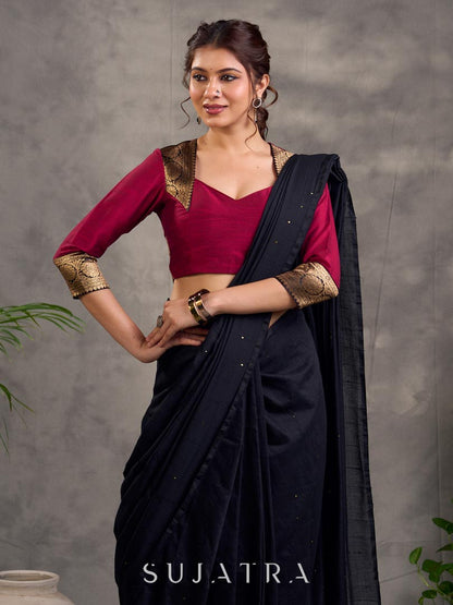 Magenta Cotton Silk Blouse with 3/4th Sleeves and Gold Zari Brocade Shoulder and Cuff
