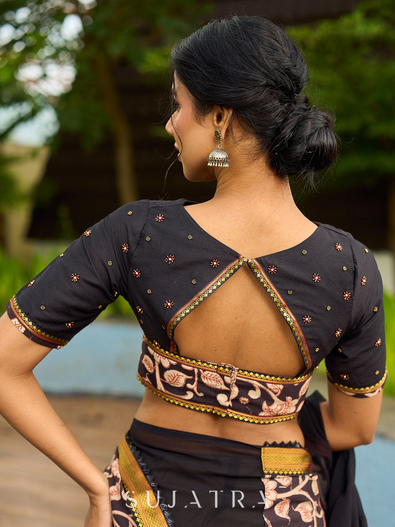 Vibrant Black Georgette Saree with Golden Zari Border & Kalamkari Floral Print Pallu & Border