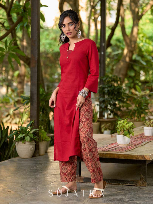 Striking Maroon Cotton Kurta with Asymmetrical Pleated Neckline