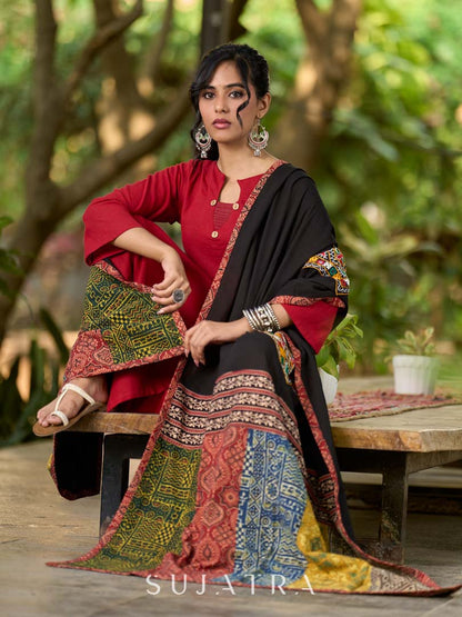 Contemporary Black Cotton Dupatta with Ajrakh Patchwork Pallu & Kutch Hand Embroidered Mirror Work