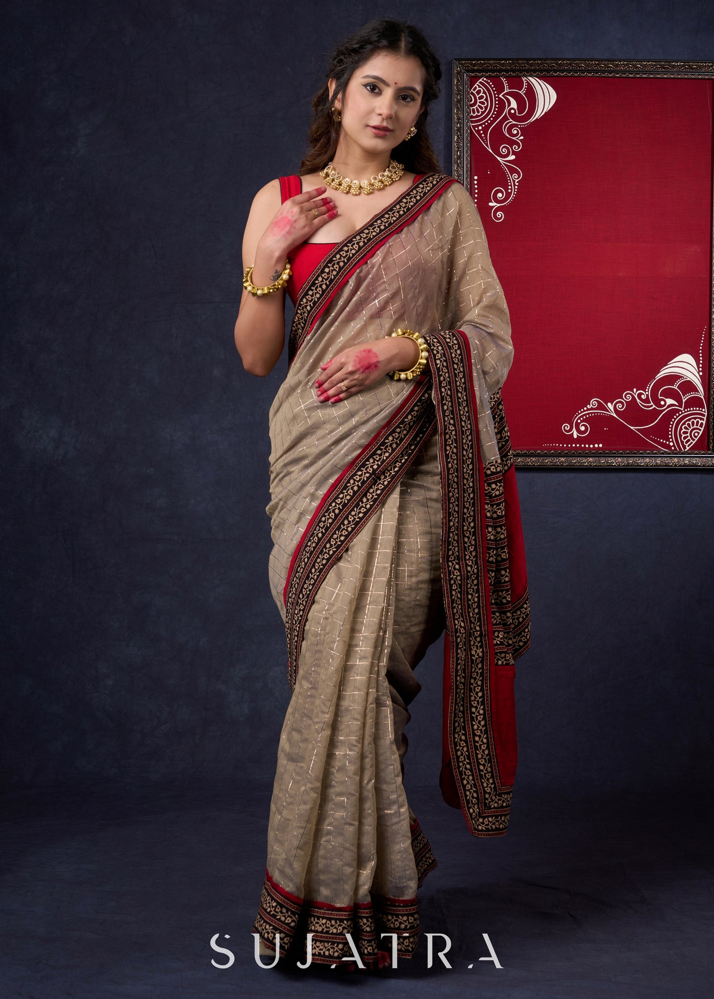 Lustrous Chanderi Grey Saree with Self Gold Checks Highlighted with Ajrakh Border & Palu with Maroon Detailing