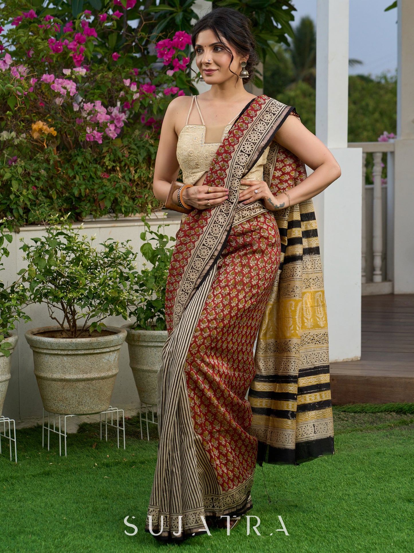 Chanderi hand block-printed saree in heritage florals, stripes, and golden grandeur