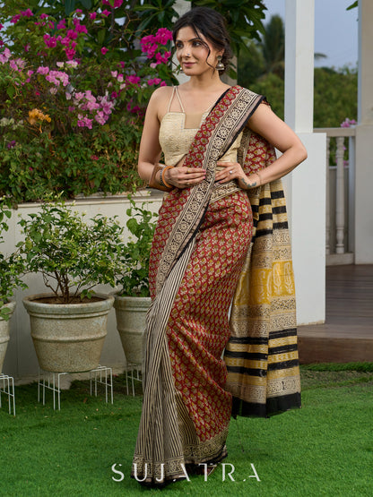 Chanderi hand block-printed saree in heritage florals, stripes, and golden grandeur