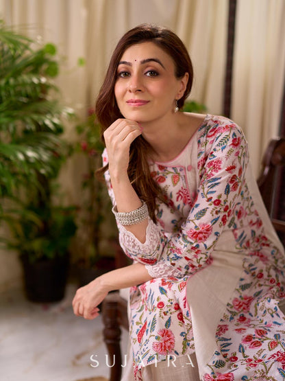 Soft White Mul Cotton Floral Hand Block Print Overlapping Straight Kurta with Pleated Scallop Lace Sleeve