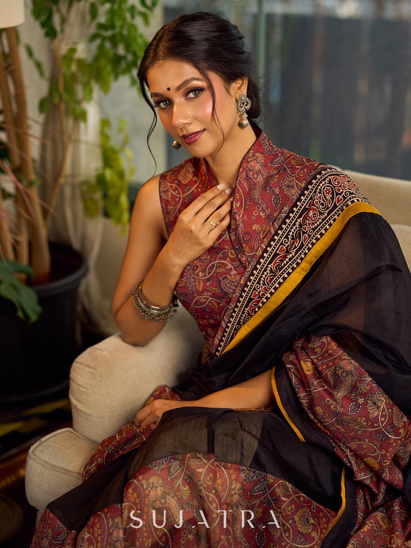 Regal Rust-Brown Chanderi Kalamkari Floral Chanderi Saree with Contrast Black Pallu