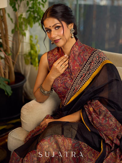 Regal Rust-Brown Chanderi Kalamkari Floral Chanderi Saree with Contrast Black Pallu