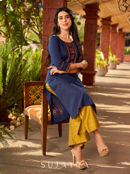 Contemporary Navy Cotton Kurta with Traditional Panel Thread Work