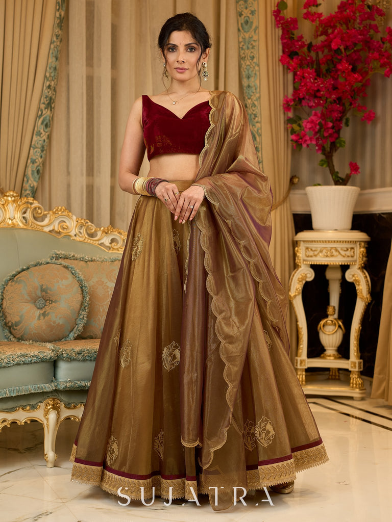 Regal ensemble gold tissue lehenga with intricate embroidery and a stunning velvet blouse  - Dupatta Optional