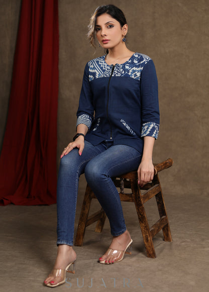 Trendy Cotton Top with Indigo Combination & Front Zip