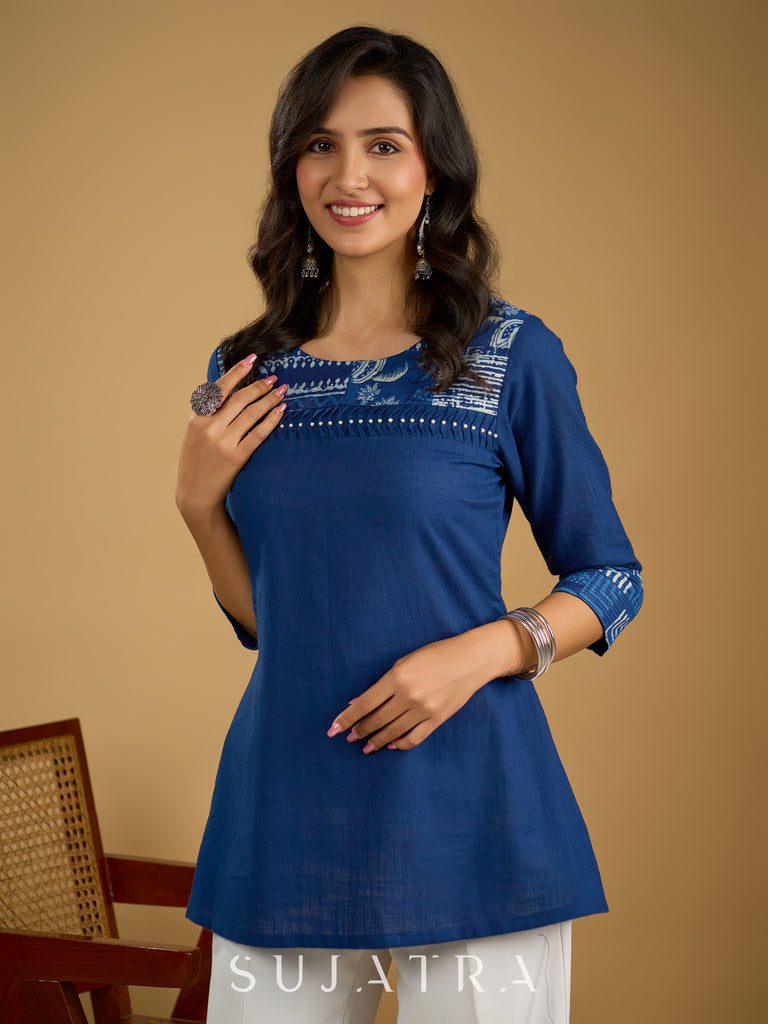 Classic indigo cotton patchwork top with  subtle pearl highlights