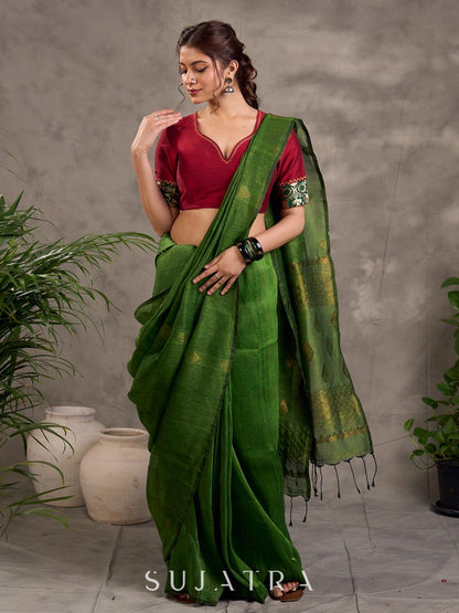 Classic Dark Green Pure Linen Saree with Zari Butti