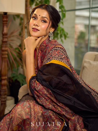 Regal Rust-Brown Chanderi Kalamkari Floral Chanderi Saree with Contrast Black Pallu