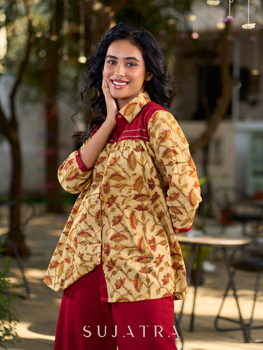 Artisan Jaipuri Printed Floral Cotton Shirt with Contrast Yoke and Soft Gathers