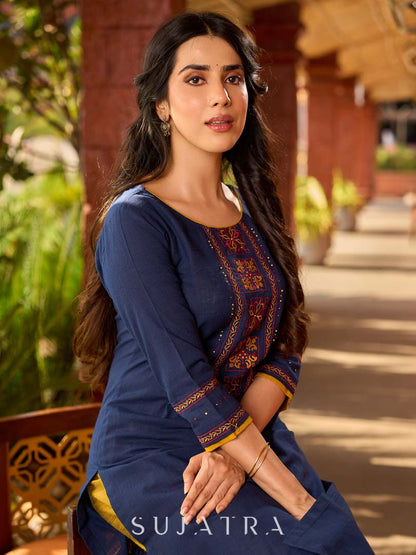Contemporary Navy Cotton Kurta with Traditional Panel Thread Work