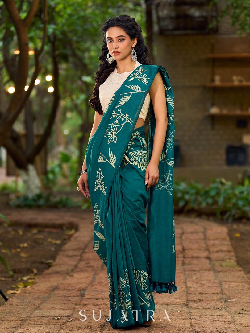 Elegant Rama Green Cotton Saree with Delicate Floral Hand Block Print