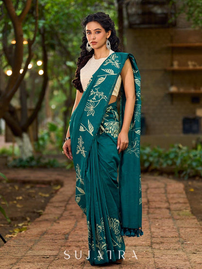Elegant Rama Green Cotton Saree with Delicate Floral Hand Block Print