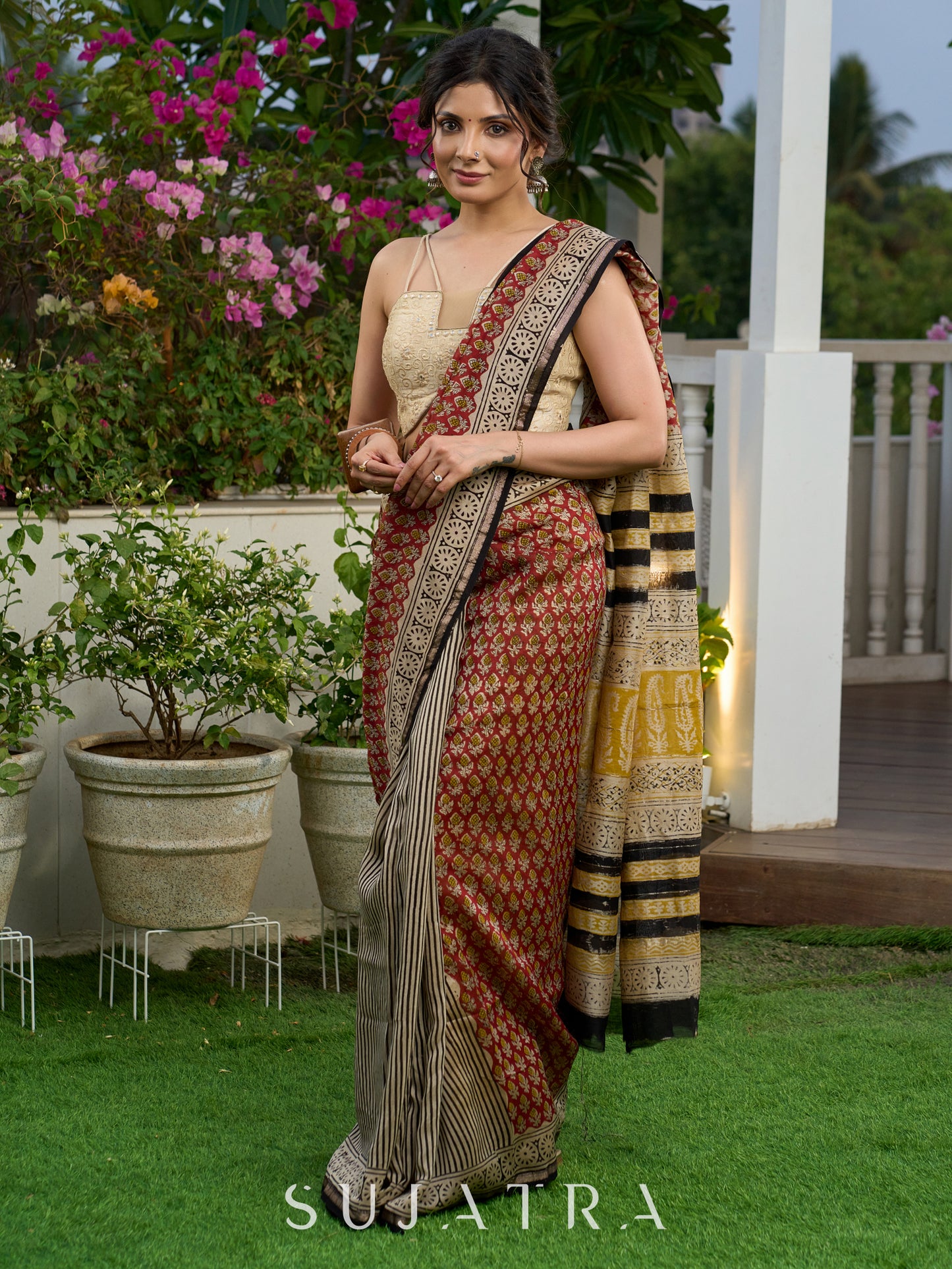 Chanderi hand block-printed saree in heritage florals, stripes, and golden grandeur