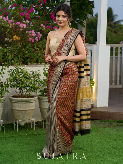 Chanderi hand block-printed saree in heritage florals, stripes, and golden grandeur
