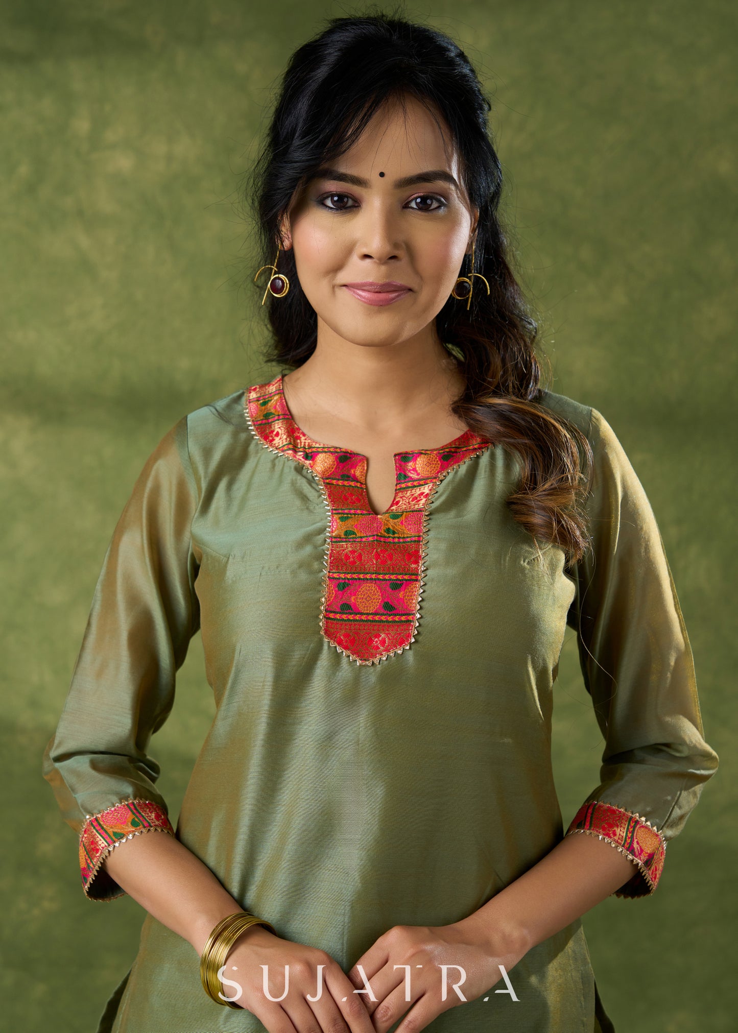 Soothing Olive Chanderi Kurta With Brocade Details - Pant Optional