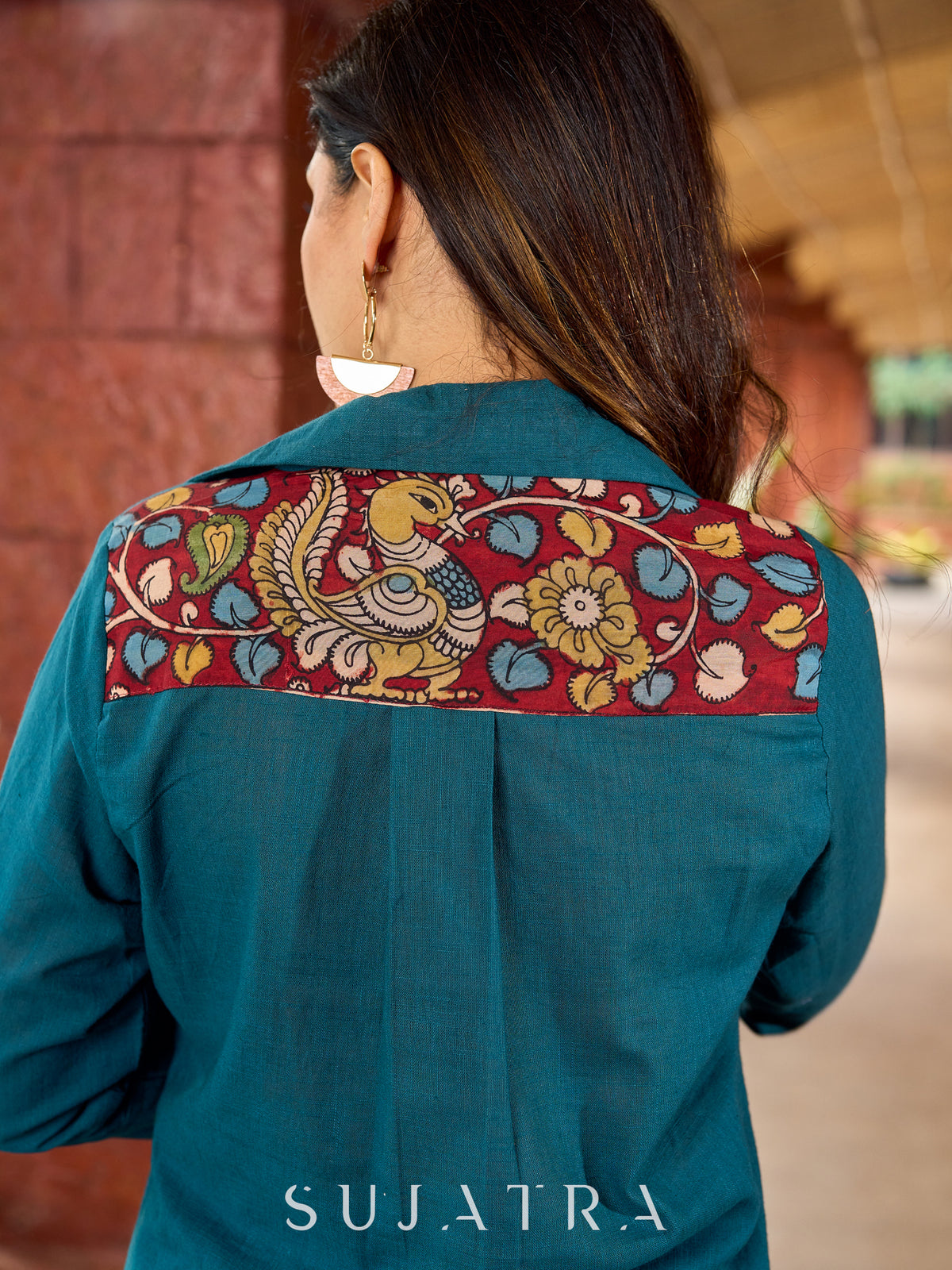 Dussehra Sale — Kalamkari-accented teal cotton kurta with a beautifully balanced combination - teal pant Optional