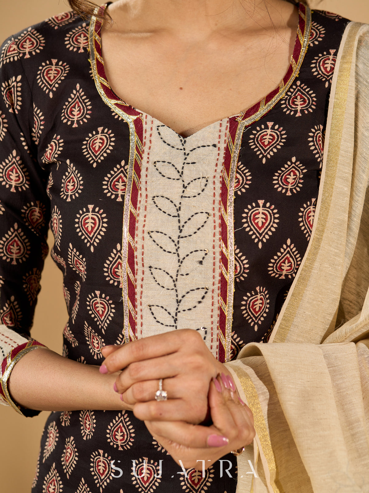 Dussehra Sale — Artisan Noir Kurta Set with Intricate Appliqué & Kantha Work Silk Dupatta
