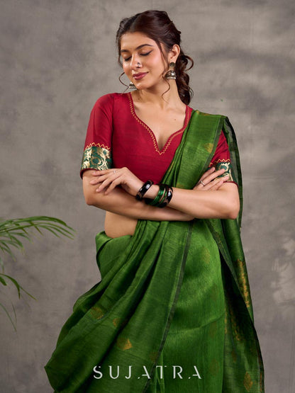 Classic Dark Green Pure Linen Saree with Zari Butti