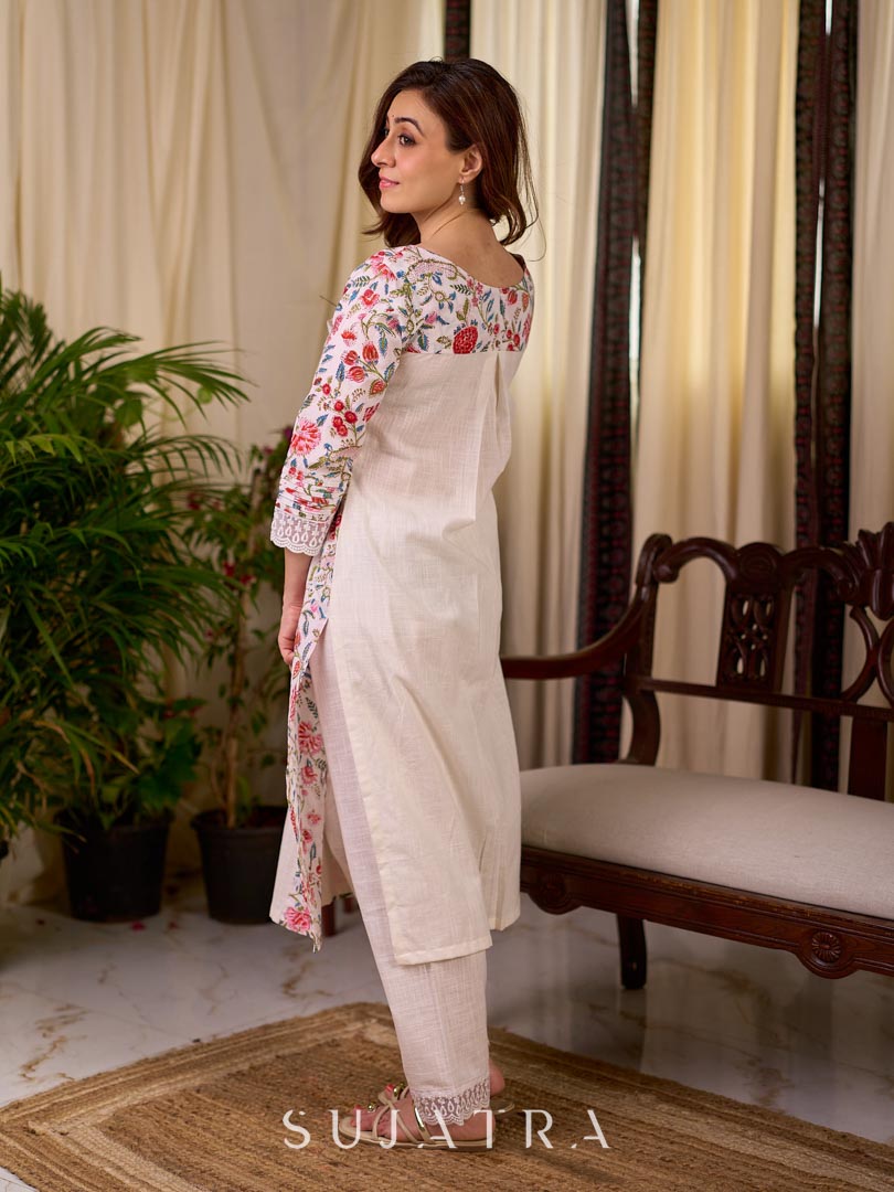 Soft White Mul Cotton Floral Hand Block Print Overlapping Straight Kurta with Pleated Scallop Lace Sleeve