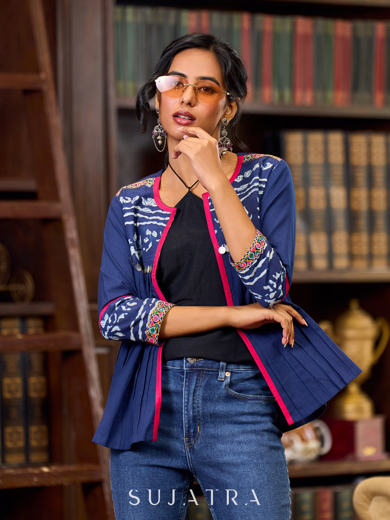 Bohemian Indigo Cotton Jacket Adorned With Pleats, Vibrant Mirror Lace And Pink Accents