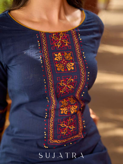 Contemporary Navy Cotton Kurta with Traditional Panel Thread Work