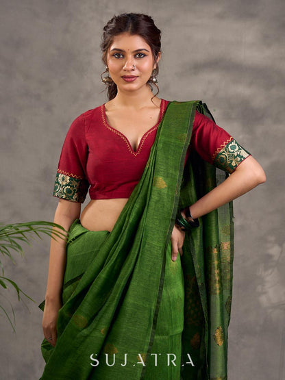 Classic Dark Green Pure Linen Saree with Zari Butti