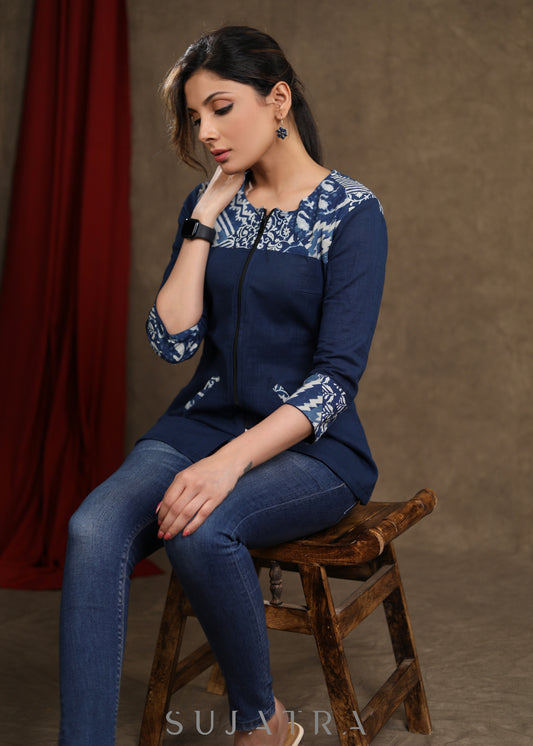 Trendy Cotton Top with Indigo Combination & Front Zip