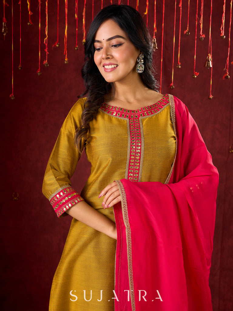 Vibrant Mustard Cotton-Silk Kurta with Pink Highlights & Subtle Gota Patti Work