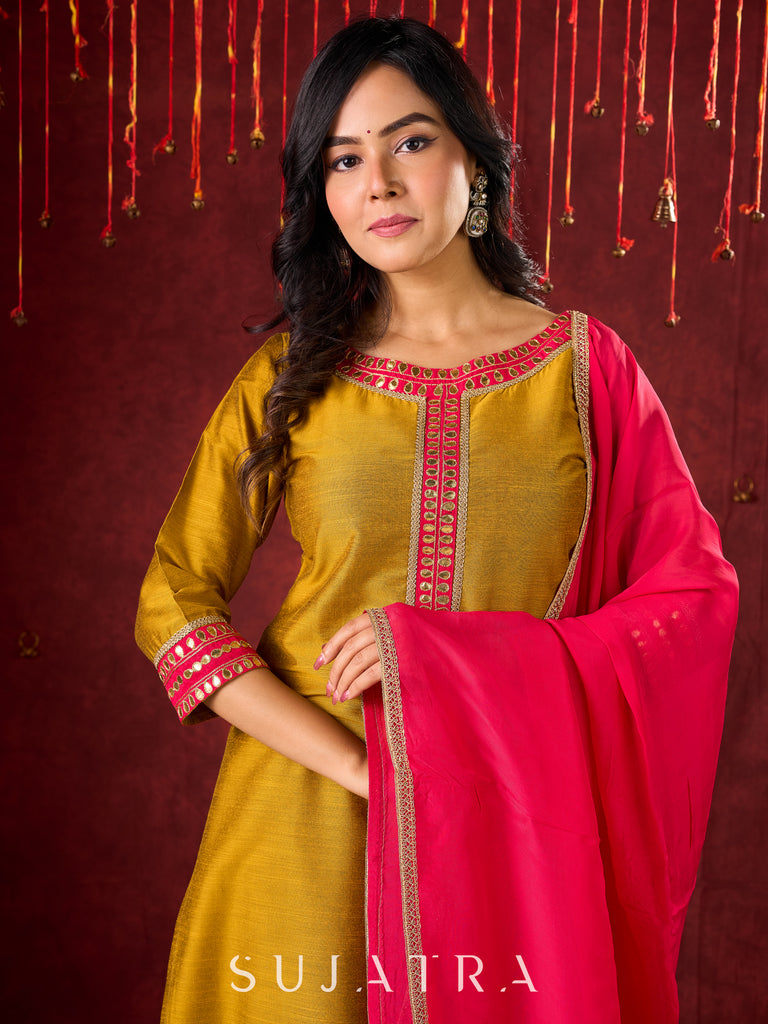 Vibrant Mustard Cotton-Silk Kurta with Pink Highlights & Subtle Gota Patti Work