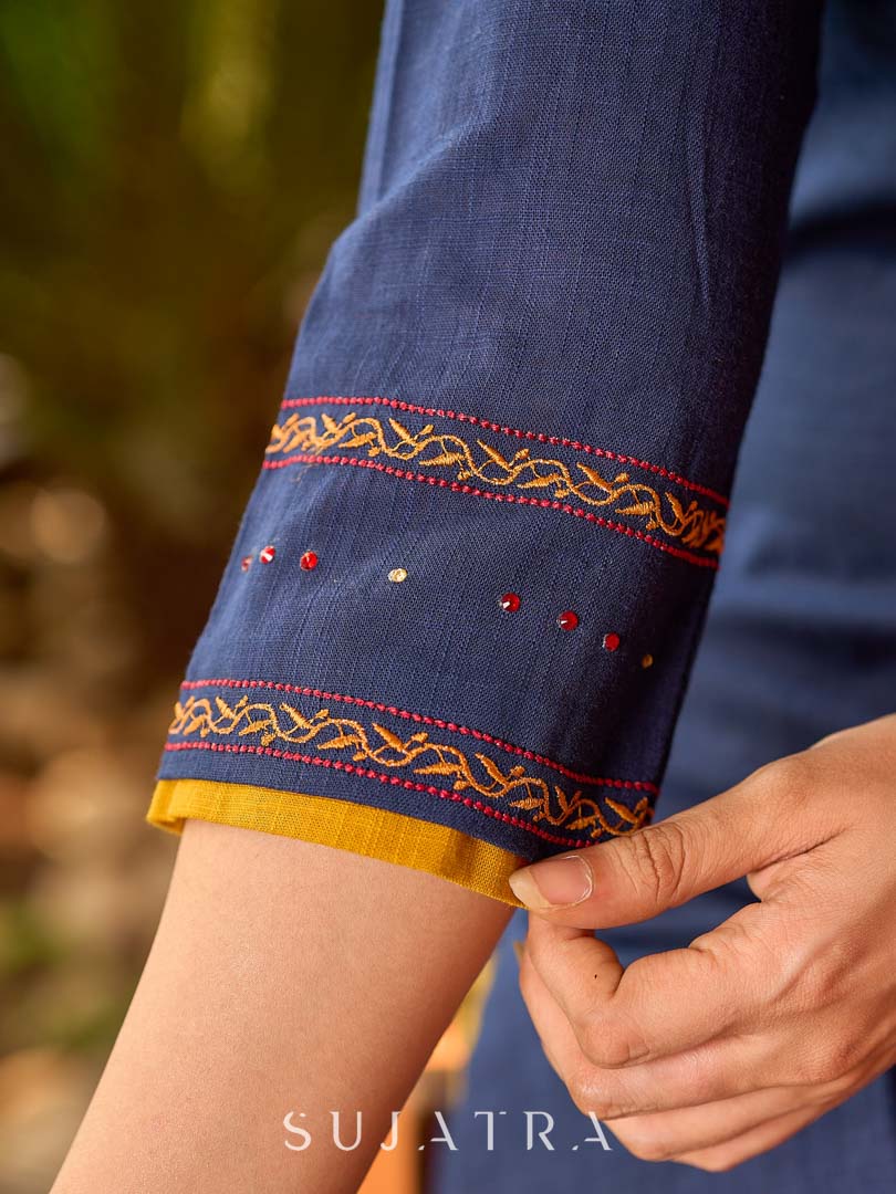 Contemporary Navy Cotton Kurta with Traditional Panel Thread Work