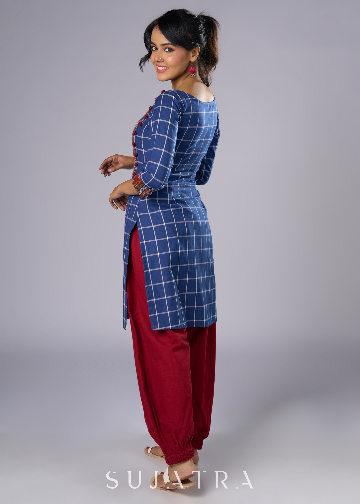 Attractive Blue Cotton Ikat combination Tunic- Pant Additional