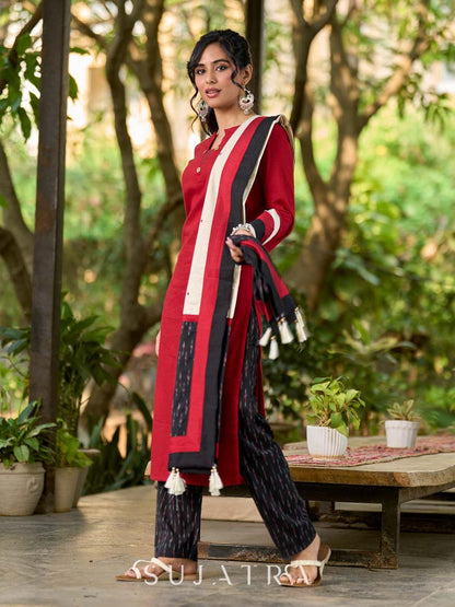 Luxe Off White Cotton Dupatta with Ikat Pallu & Minimal Hand Embroidery