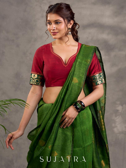 Maroon Cotton Silk Blouse with Zigzag Hand Painted Neckline and Floral Benarasi Brocade Cuff Detail