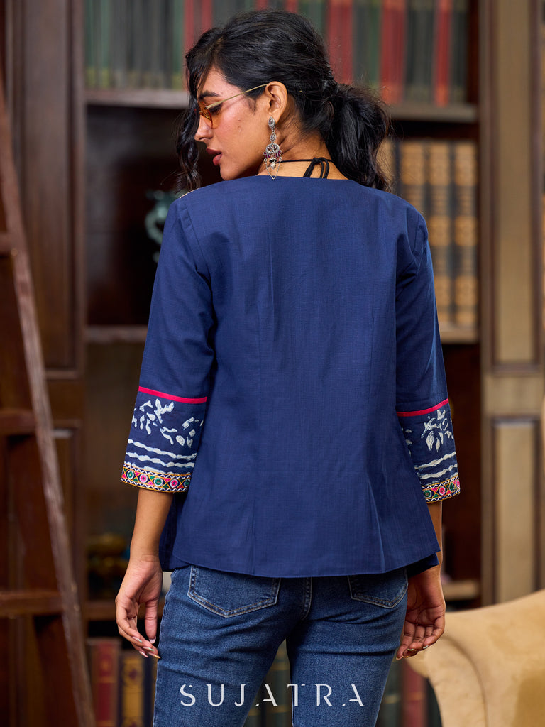 Bohemian Indigo Cotton Jacket Adorned With Pleats, Vibrant Mirror Lace And Pink Accents