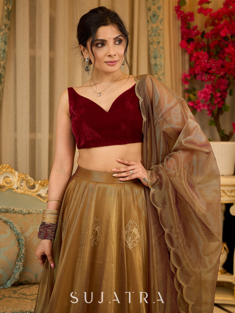Regal ensemble gold tissue lehenga with intricate embroidery and a stunning velvet blouse  - Dupatta Optional