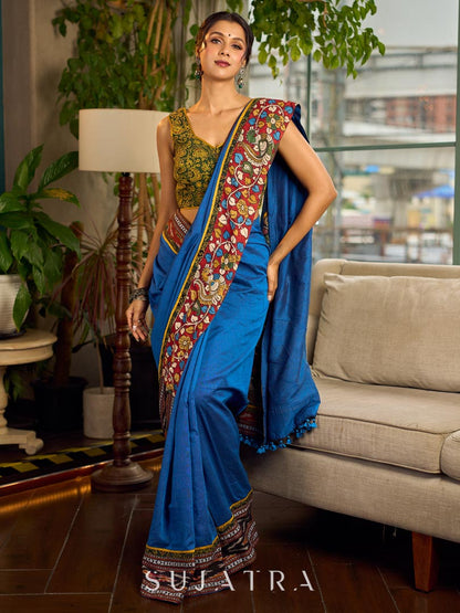Handcrafted Blue Cotton Saree with Gond Painting & Multicolor Ikat & Kalamkari Border