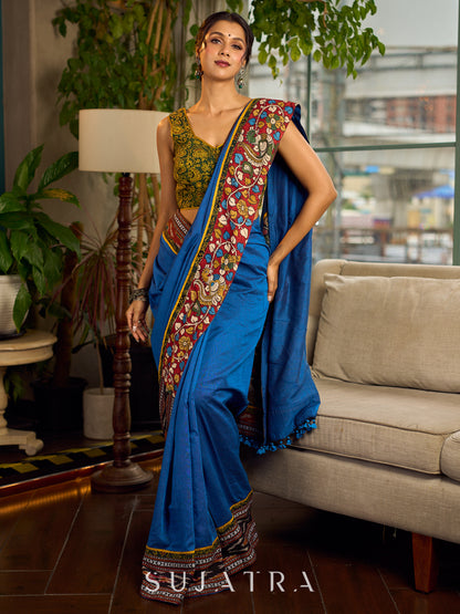 Handcrafted Blue Cotton Saree with Gond Painting & Multicolor Ikat & Kalamkari Border