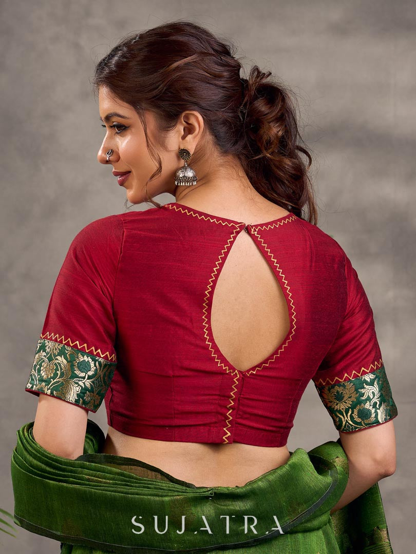 Maroon Cotton Silk Blouse with Zigzag Hand Painted Neckline and Floral Benarasi Brocade Cuff Detail