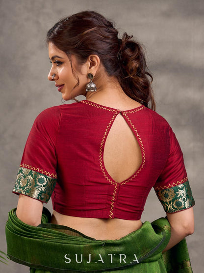Maroon Cotton Silk Blouse with Zigzag Hand Painted Neckline and Floral Benarasi Brocade Cuff Detail