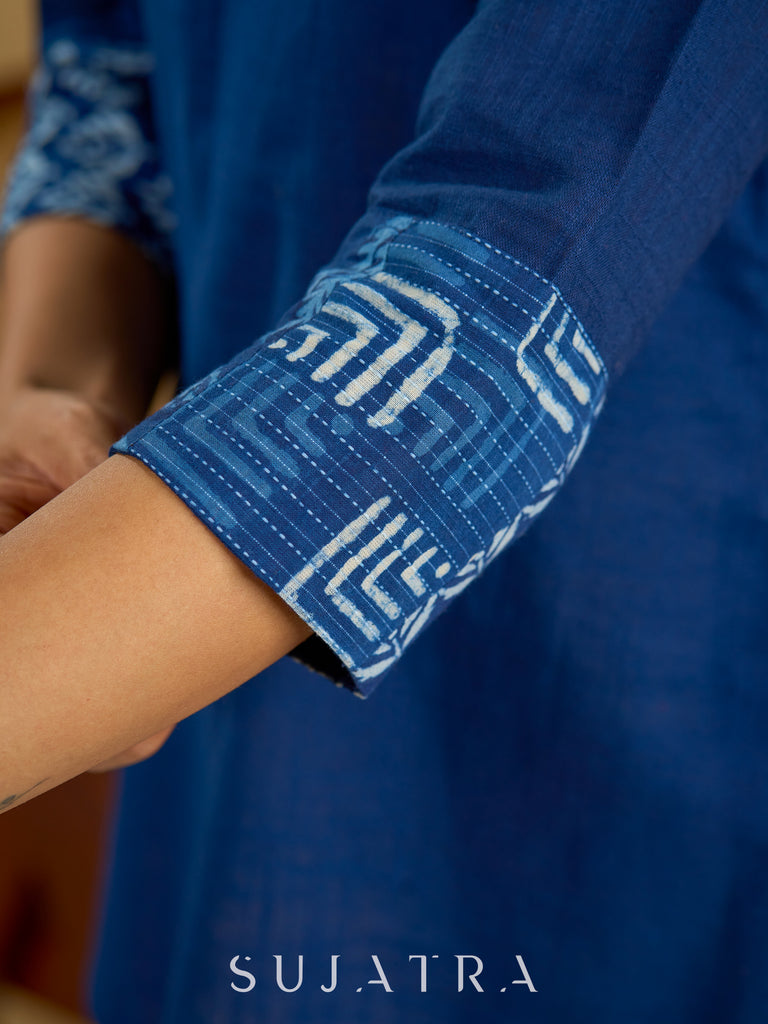 Classic indigo cotton patchwork top with  subtle pearl highlights