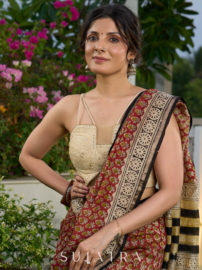 Chanderi hand block-printed saree in heritage florals, stripes, and golden grandeur