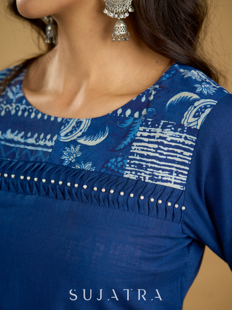 Classic indigo cotton patchwork top with  subtle pearl highlights