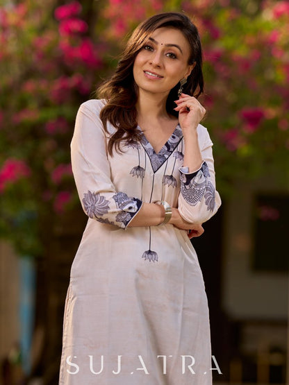 Artisanal cream kurta showcasing Madhubani fish and peacock motifs enhanced with bold black accents